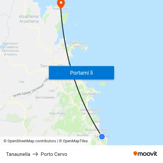 Tanaunella to Porto Cervo map