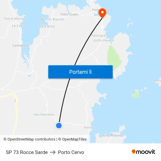 SP 73 Rocce Sarde to Porto Cervo map