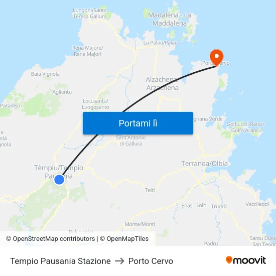Tempio Pausania Stazione to Porto Cervo map