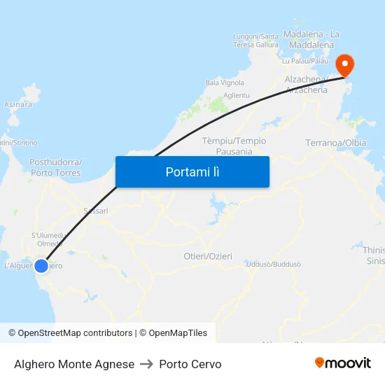 Alghero Monte Agnese to Porto Cervo map