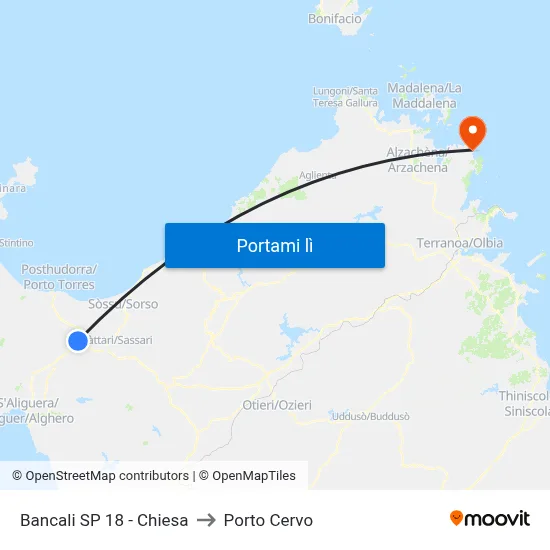 Bancali SP 18 - Chiesa to Porto Cervo map