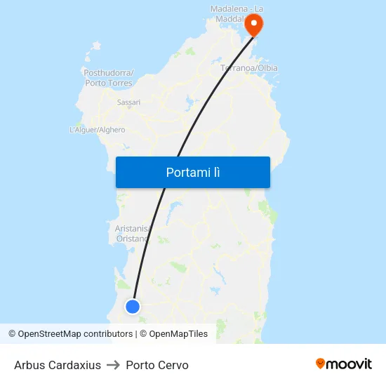 Arbus Cardaxius to Porto Cervo map