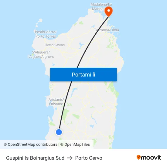 Guspini Is Boinargius Sud to Porto Cervo map