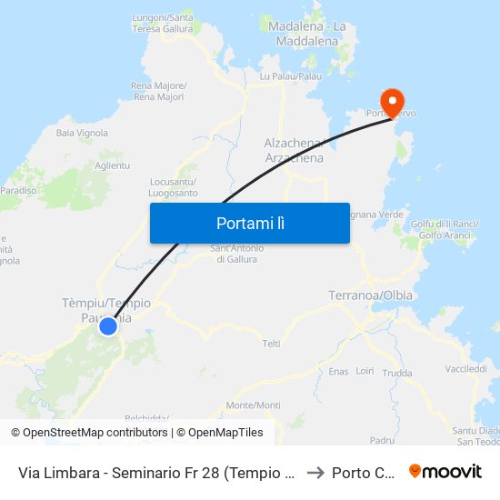 Via Limbara - Seminario Fr 28 (Tempio Pausania) to Porto Cervo map
