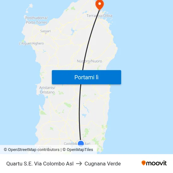 Quartu S.E. Via Colombo Asl to Cugnana Verde map