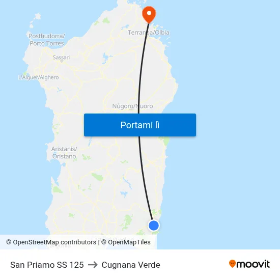 San Priamo SS 125 to Cugnana Verde map