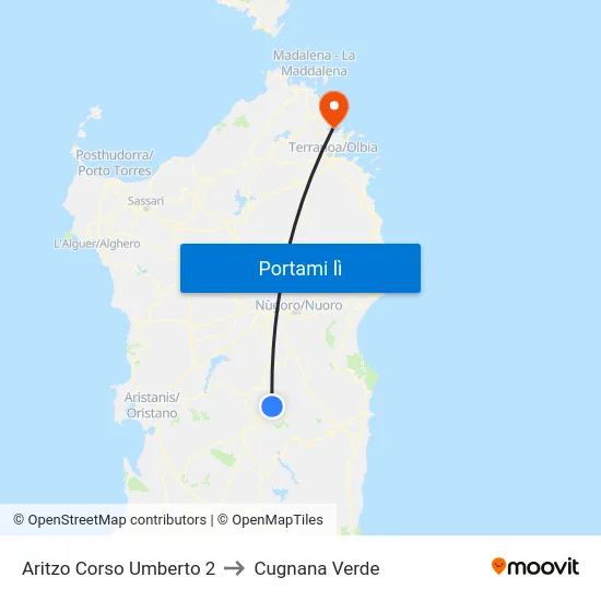 Aritzo Corso Umberto 2 to Cugnana Verde map