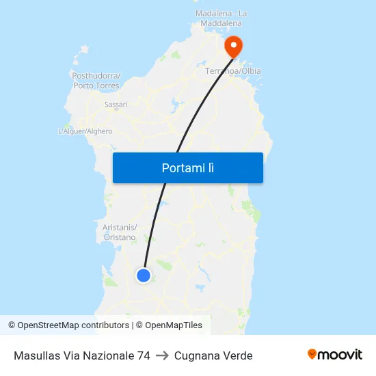Masullas Via Nazionale 74 to Cugnana Verde map