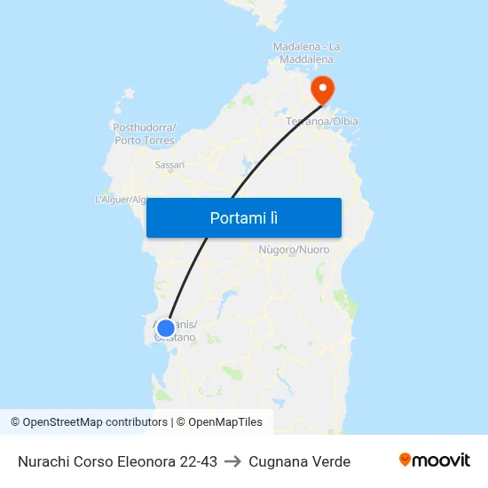 Nurachi Corso Eleonora 22-43 to Cugnana Verde map