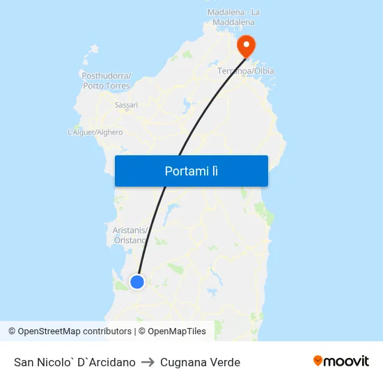 San Nicolo` D`Arcidano to Cugnana Verde map