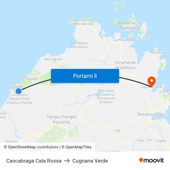 Cascabraga Cala Rossa to Cugnana Verde map