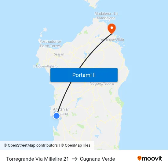 Torregrande Via Millelire 21 to Cugnana Verde map
