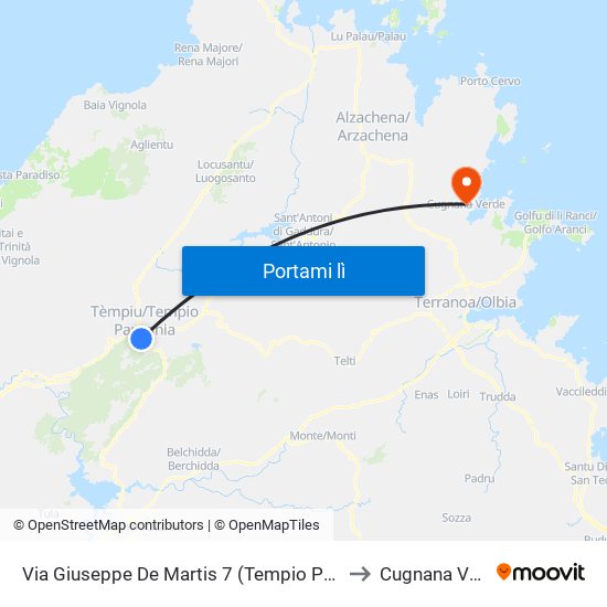 Via Giuseppe De Martis 7 (Tempio Pausania) to Cugnana Verde map