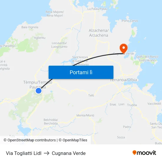 Via Togliatti Lidl to Cugnana Verde map