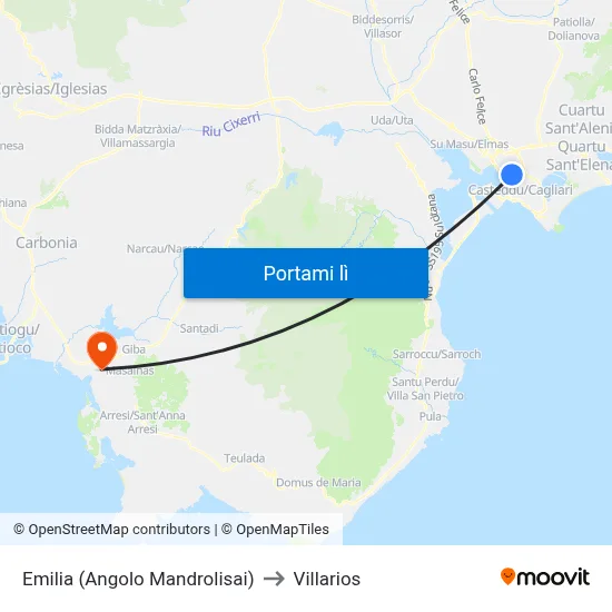 Emilia (Angolo Mandrolisai) to Villarios map