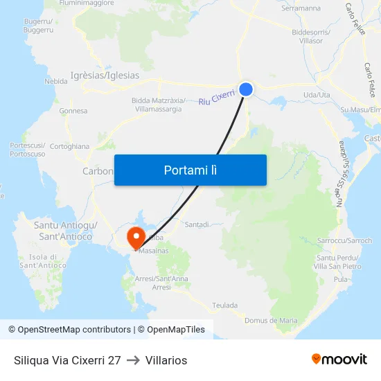 Siliqua Via Cixerri 27 to Villarios map