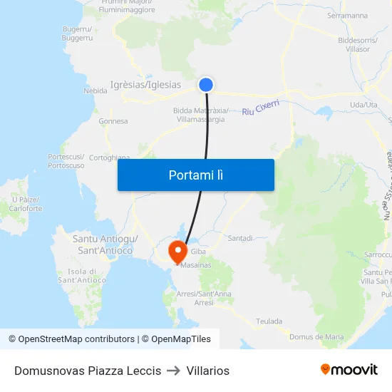 Domusnovas Piazza Leccis to Villarios map