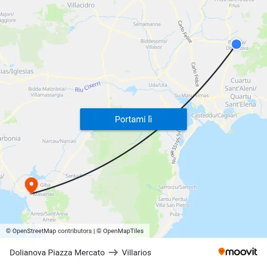 Dolianova Piazza Mercato to Villarios map