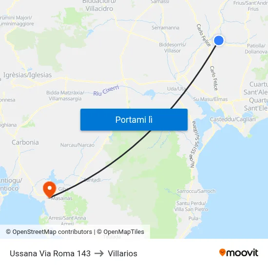 Ussana Via Roma 143 to Villarios map