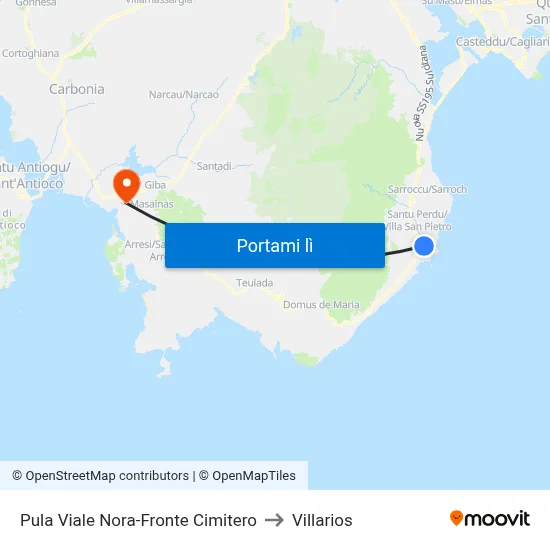 Pula Viale Nora-Fronte Cimitero to Villarios map