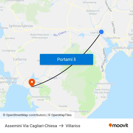 Assemini Via Cagliari-Chiesa to Villarios map
