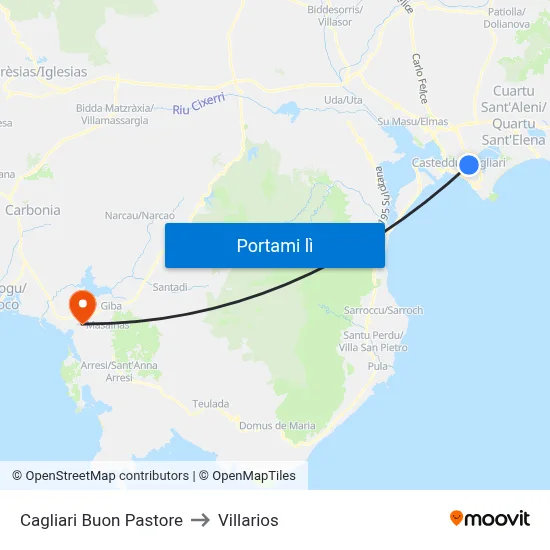 Cagliari Buon Pastore to Villarios map