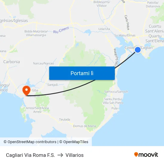 Cagliari Via Roma F.S. to Villarios map