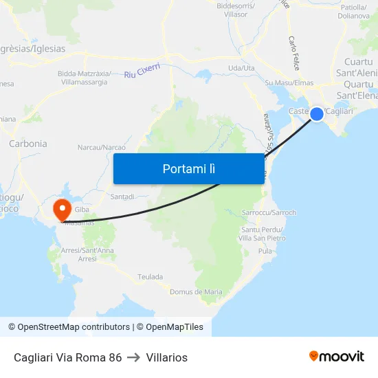 Cagliari Via Roma 86 to Villarios map
