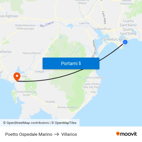 Poetto Ospedale Marino to Villarios map