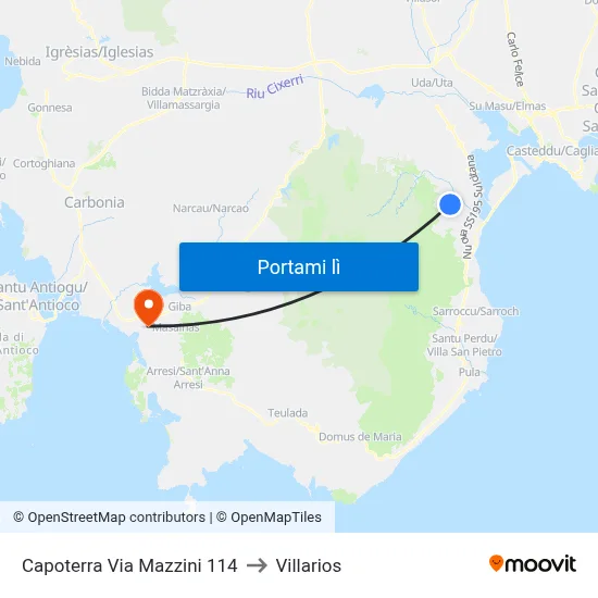 Capoterra Via Mazzini 114 to Villarios map