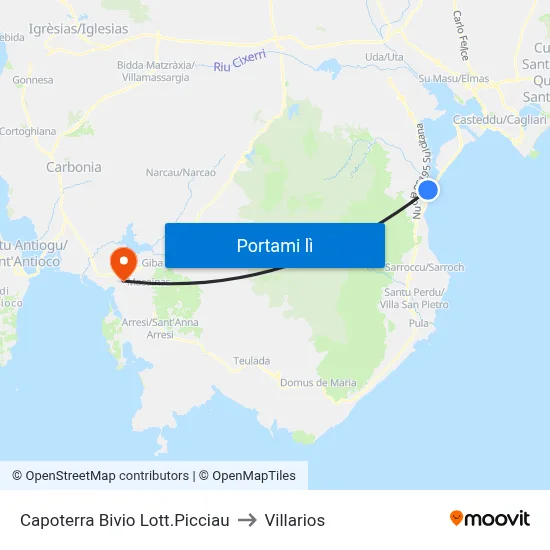 Capoterra Bivio Lott.Picciau to Villarios map