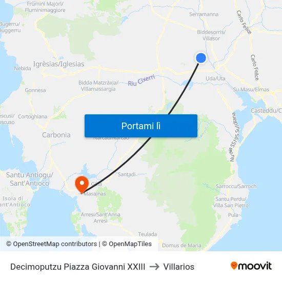 Decimoputzu Piazza Giovanni XXIII to Villarios map