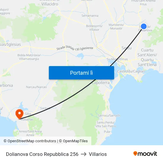 Dolianova Corso Repubblica 256 to Villarios map