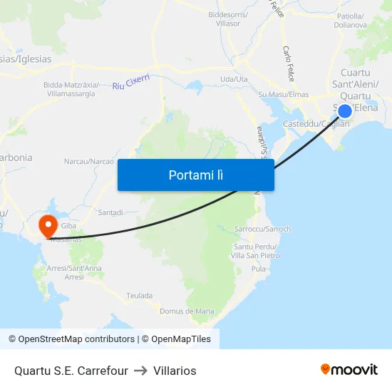 Quartu S.E. Carrefour to Villarios map