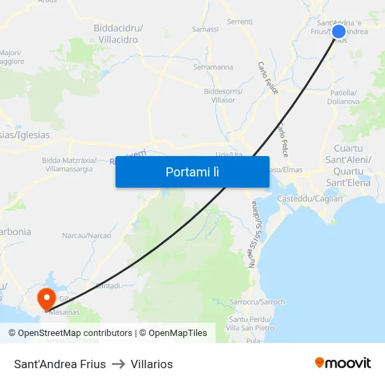Sant'Andrea Frius to Villarios map