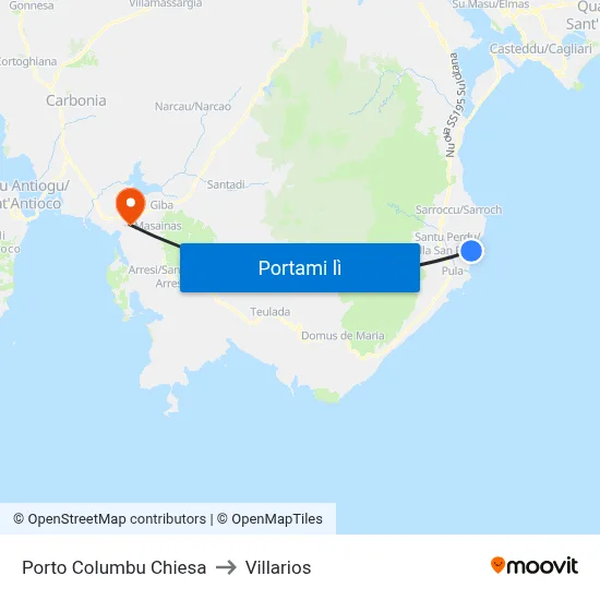 Porto Columbu Chiesa to Villarios map