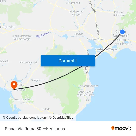 Sinnai Via Roma 20 to Villarios map