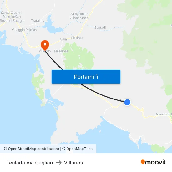 Teulada Via Cagliari to Villarios map