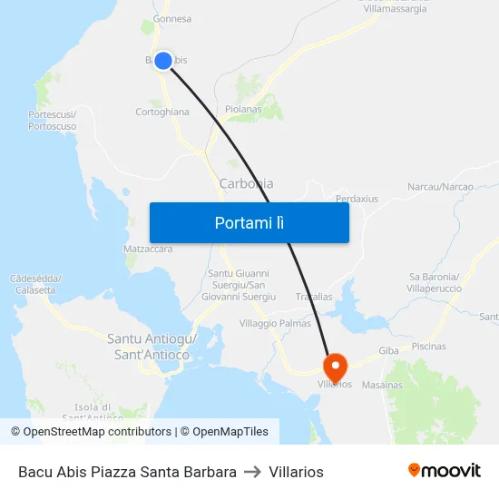 Bacu Abis Piazza Santa Barbara to Villarios map