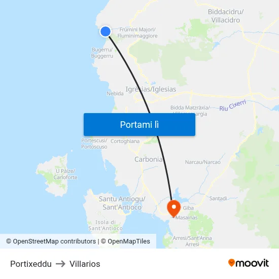 Portixeddu to Villarios map
