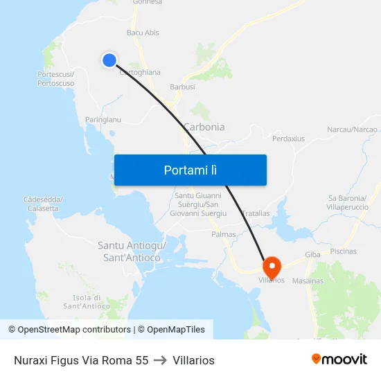 Nuraxi Figus Via Roma 55 to Villarios map