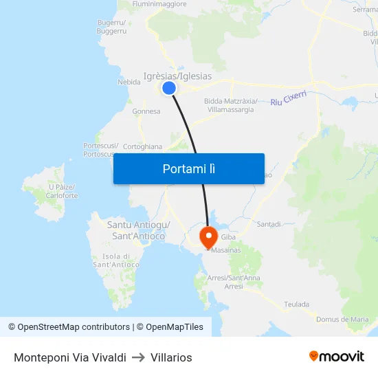 Monteponi Via Vivaldi to Villarios map