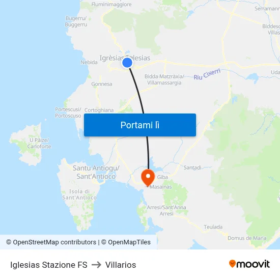 Iglesias Stazione FS to Villarios map