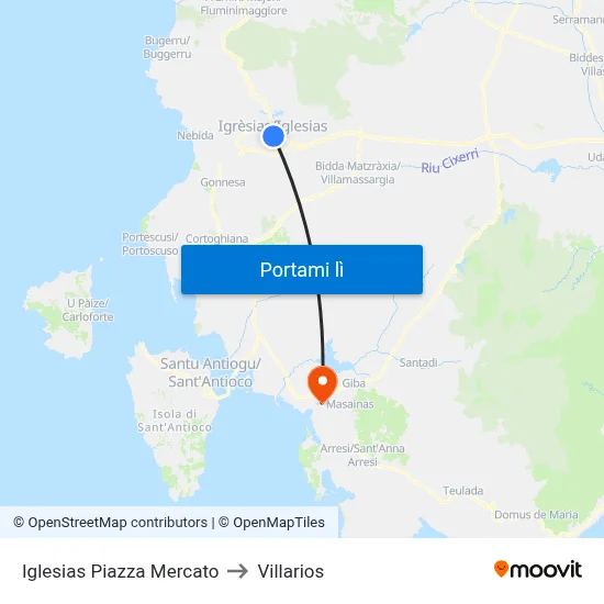 Iglesias Piazza Mercato to Villarios map