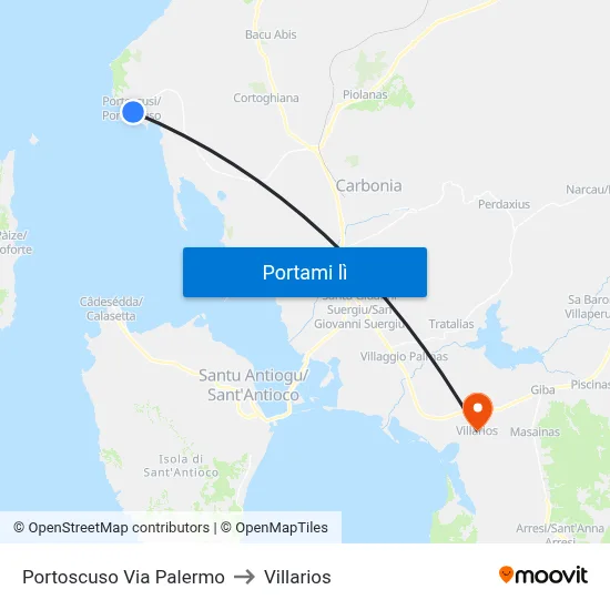 Portoscuso Via Palermo to Villarios map