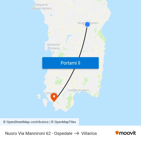 Nuoro Via Mannironi-Fronte Ospedale to Villarios map
