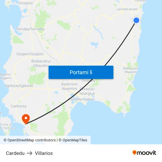 Cardedu to Villarios map