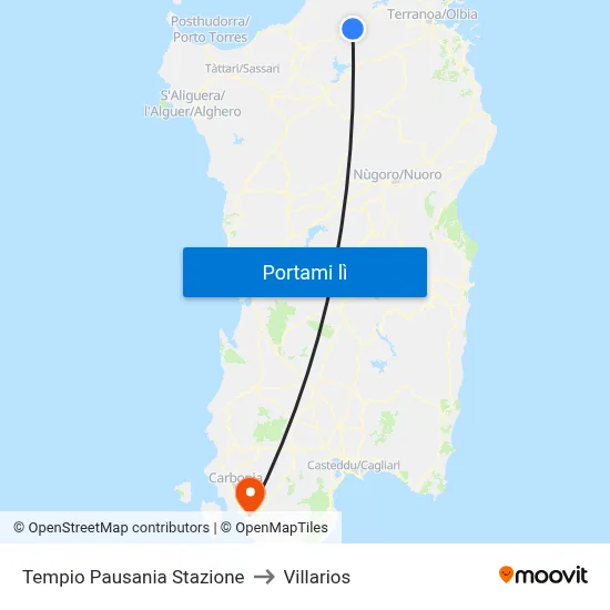 Tempio Pausania Stazione to Villarios map