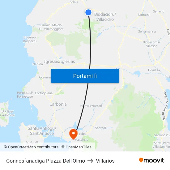 Gonnosfanadiga Piazza Dell'Olmo to Villarios map