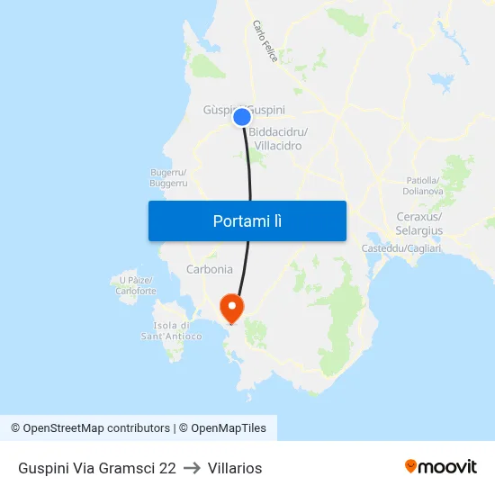 Guspini Via Gramsci 22 to Villarios map
